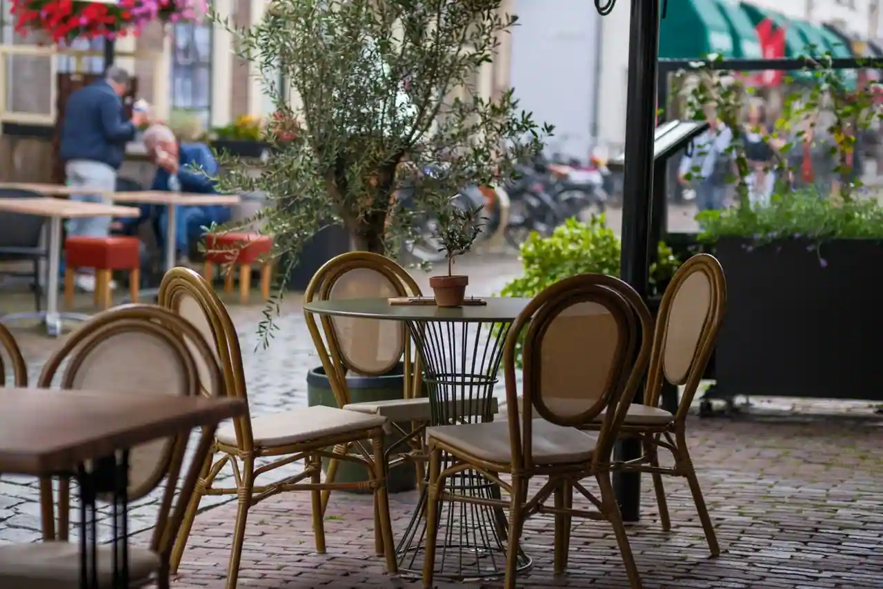Terrasse de café avec chaises en rotin et tables rondes, entourée de plantes vertes, sur une rue pavée.