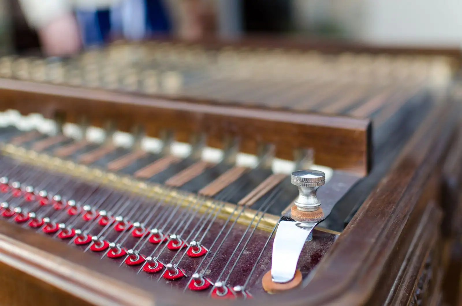 Gros plan sur les cordes et les chevilles d'un instrument de musique traditionnel en bois.