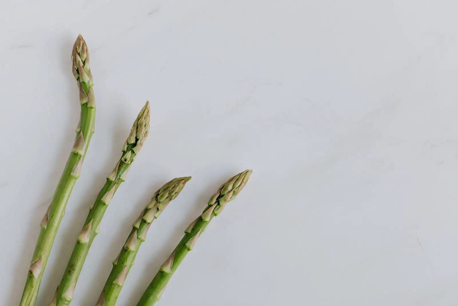 Asperges vertes fraîches posées sur un plan de travail en marbre clair, ingrédient du risotto.