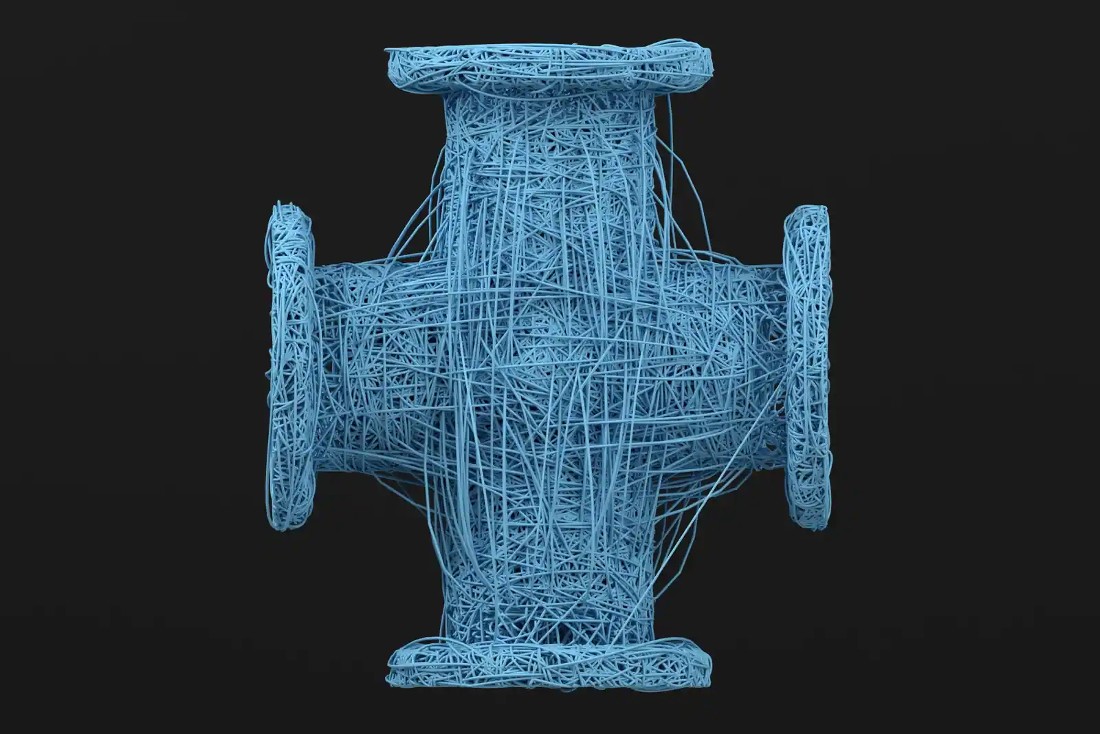 Structure 3D affichée en fil de fer bleu sur fond sombre, rendu typique d'un logiciel de modélisation