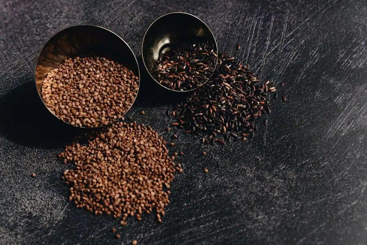 Graines de sarrasin et grains de riz foncé dans deux coupelles métalliques posées sur un plan sombre.