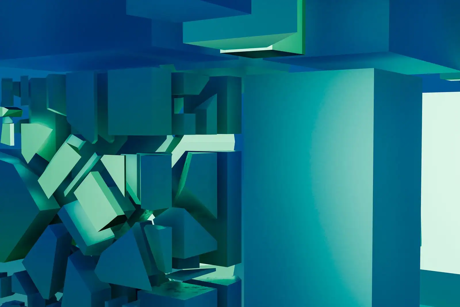 Rendu 3D abstrait aux formes géométriques bleu-vert, illustrant le rendu numérique